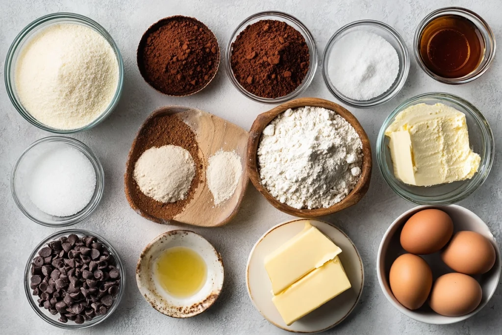 Ingredients for Football Brownie Cupcakes arranged neatly on a countertop