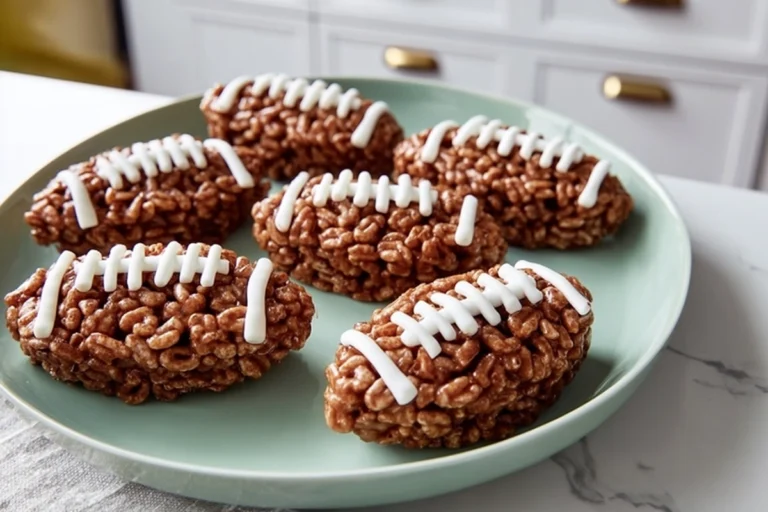 Football Rice Krispie Treats shaped like footballs on a plate