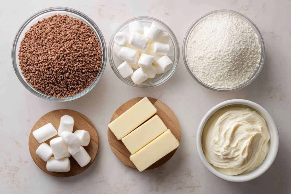 Ingredients for Football Rice Krispie Treats arranged on a kitchen counter