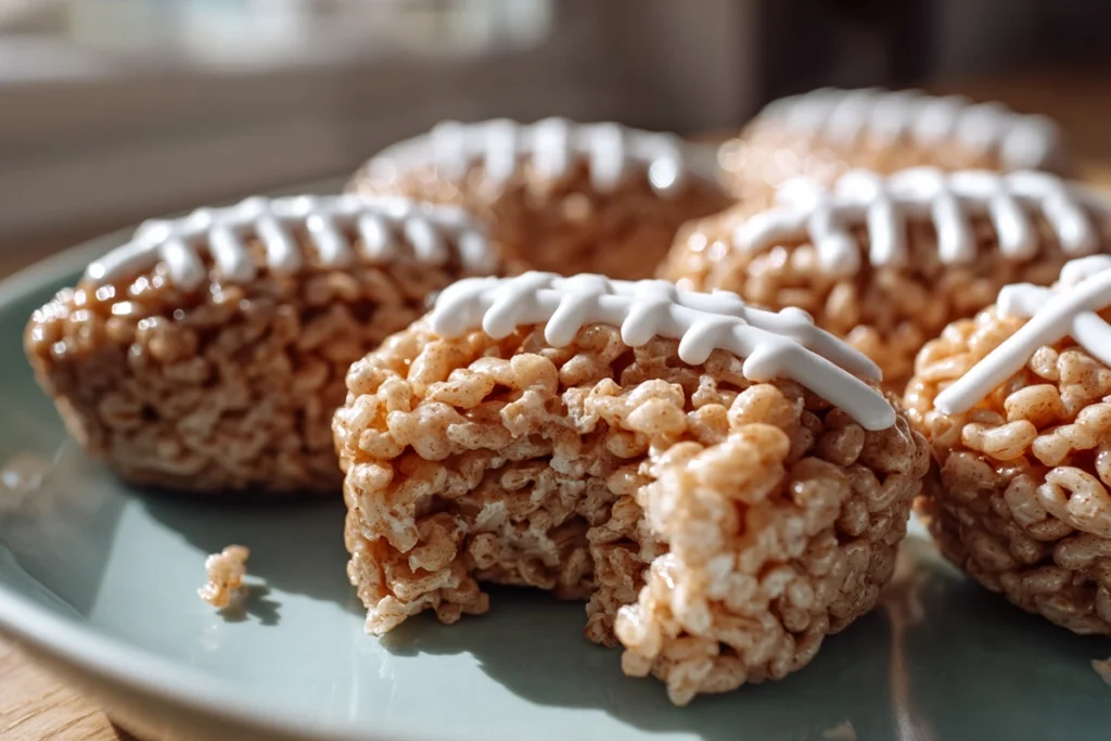 Football Rice Krispie Treats ready to eat with marshmallow texture visible