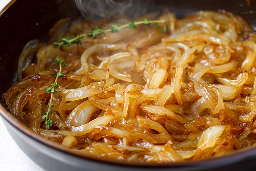 Caramelized onions cooking for French Onion Pot Roast in pan