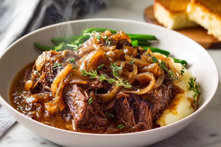 French Onion Pot Roast plated with caramelized onions and fresh herbs