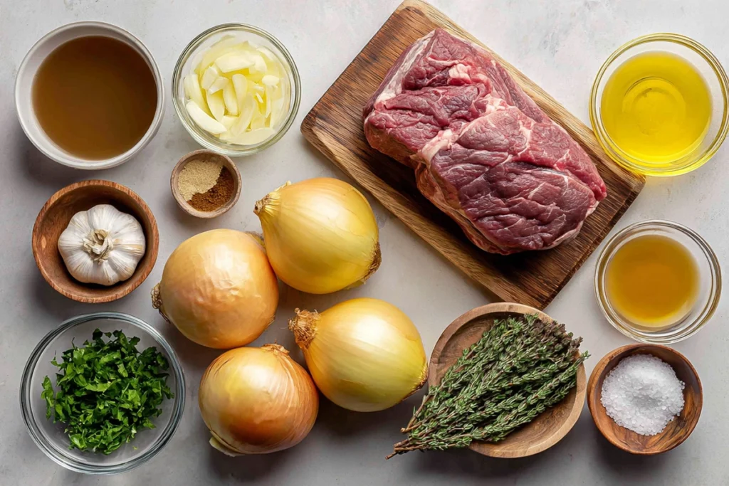 Ingredients for French Onion Pot Roast laid out on glass bowls and boards