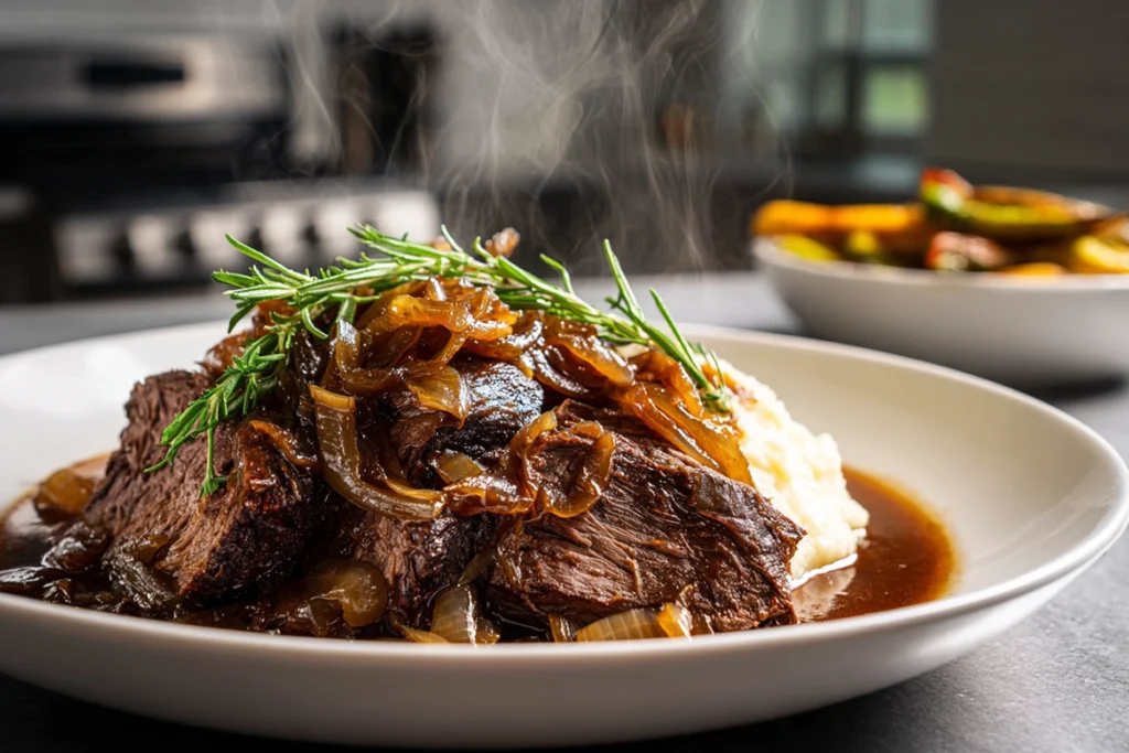 Plated French Onion Pot Roast with caramelized onions and roasted vegetables