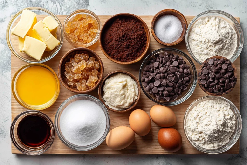overhead ingredients layout for fudgy chewy brookies in glass bowls