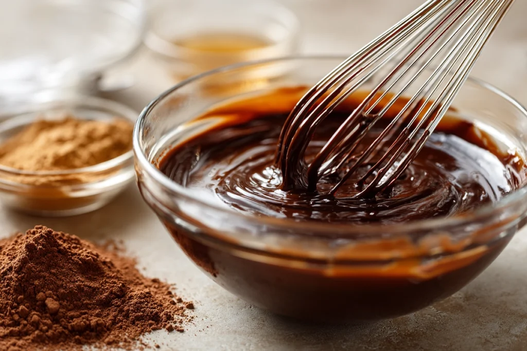 close-up of brownie batter preparation for fudgy chewy brookies in modern kitchen