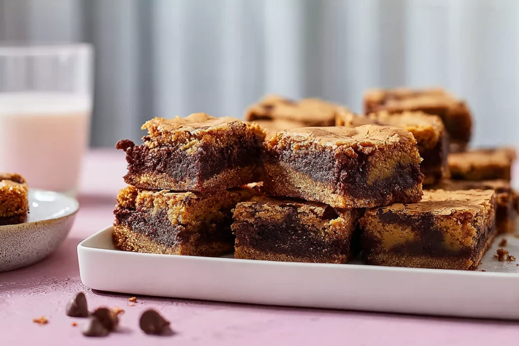 serving platter of sliced fudgy chewy brookies in modern photorealistic kitchen
