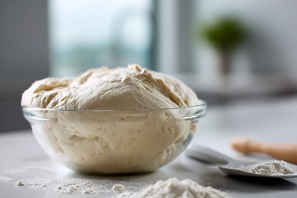 close-up of kneaded dough for garlic butter bread rolls in modern kitchen