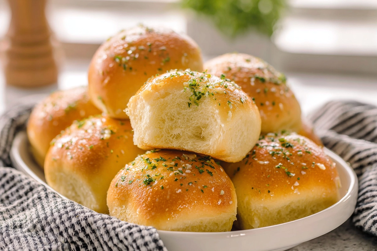 freshly baked garlic butter bread rolls on plate in modern kitchen
