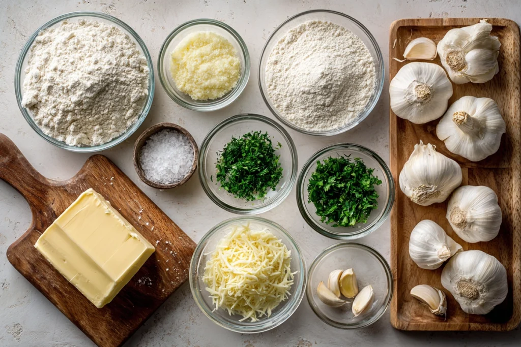 overhead photo of garlic butter bread rolls ingredients arranged in bowls