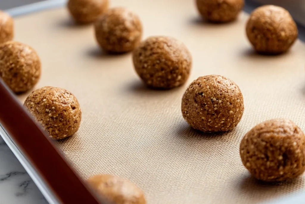 scooped gingerbread latte cookie dough balls on baking sheet