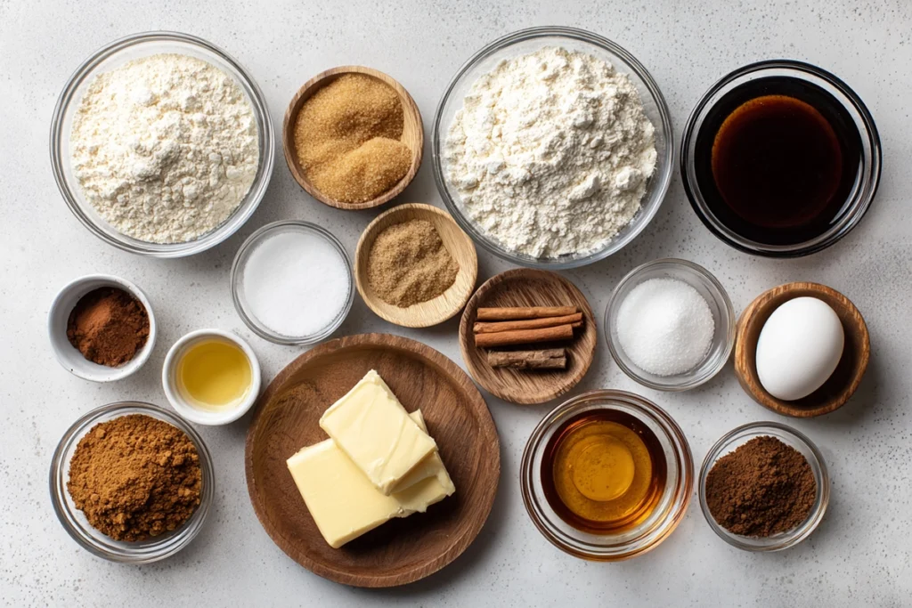 overhead ingredient layout for gingerbread latte cookies in glass bowls on modern counter