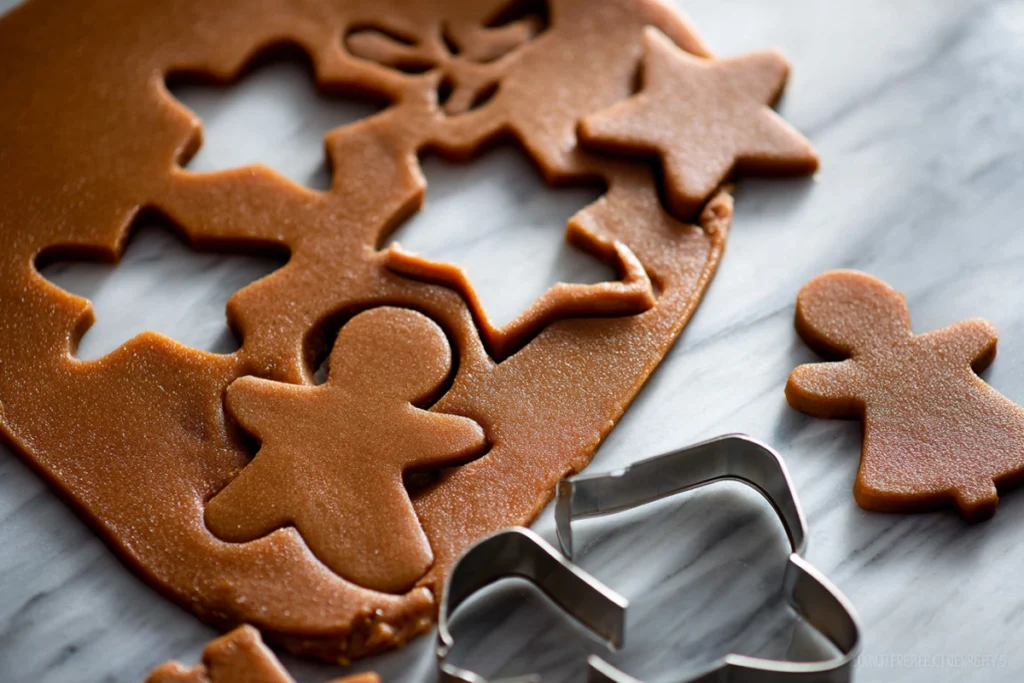 overhead image of gingerbread men cookies dough with cookie cutters
