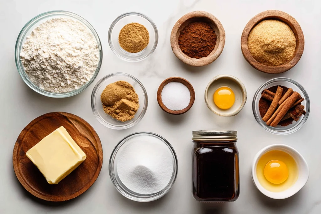 overhead ingredients photo for gingerbread men cookies arranged in glass bowls