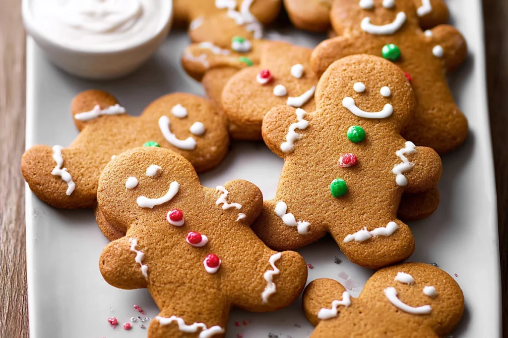 serving platter of gingerbread men cookies in modern kitchen setting
