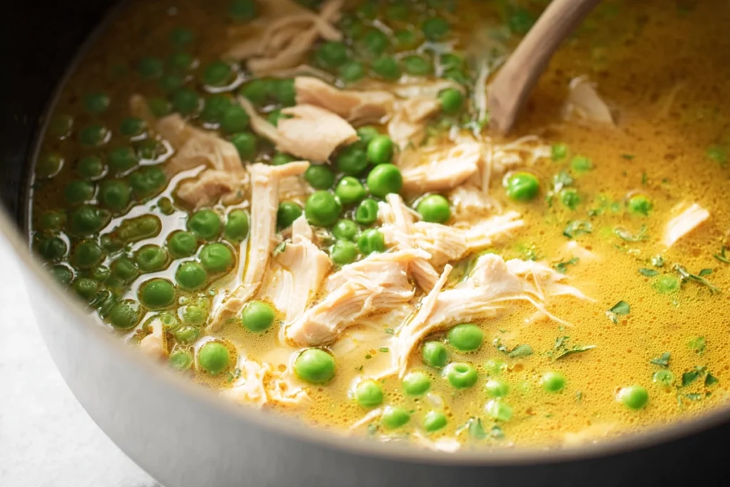 adding chicken and peas into Healthy Chicken Pot Pie Soup