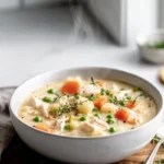 photorealistic bowl of Healthy Chicken Pot Pie Soup with garnish