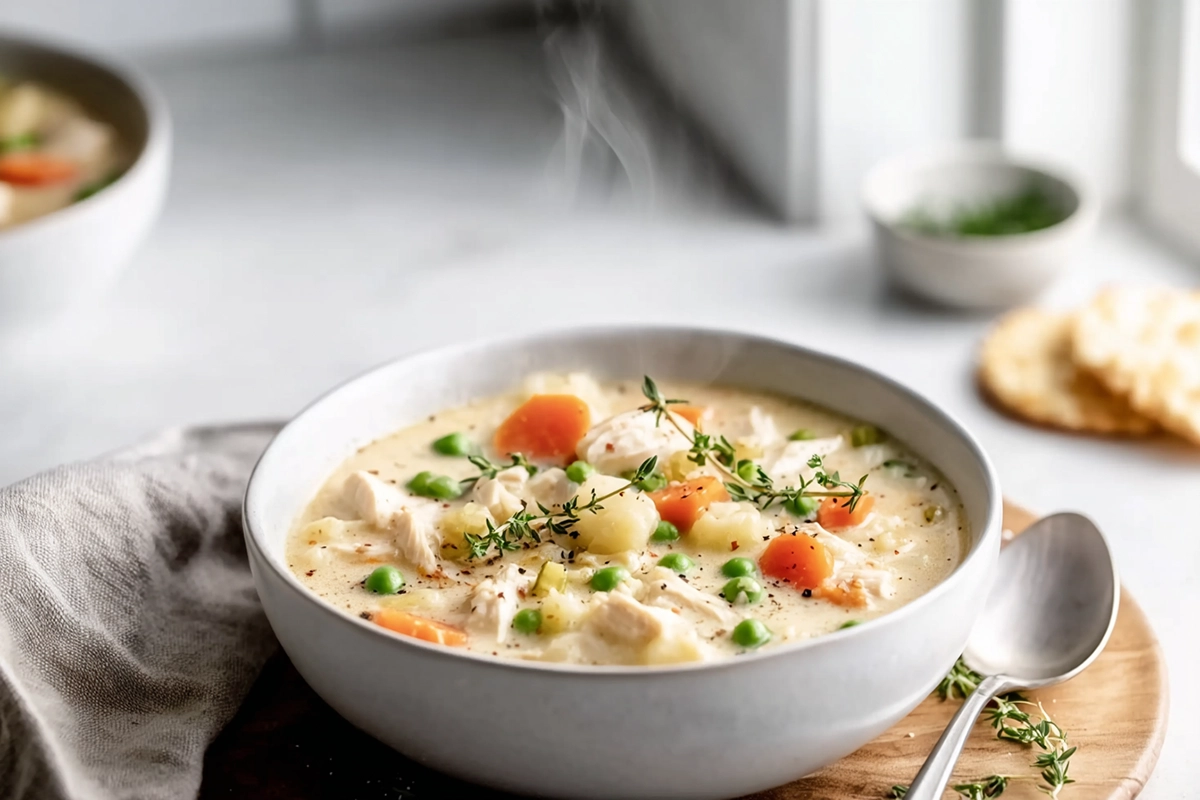 photorealistic bowl of Healthy Chicken Pot Pie Soup with garnish