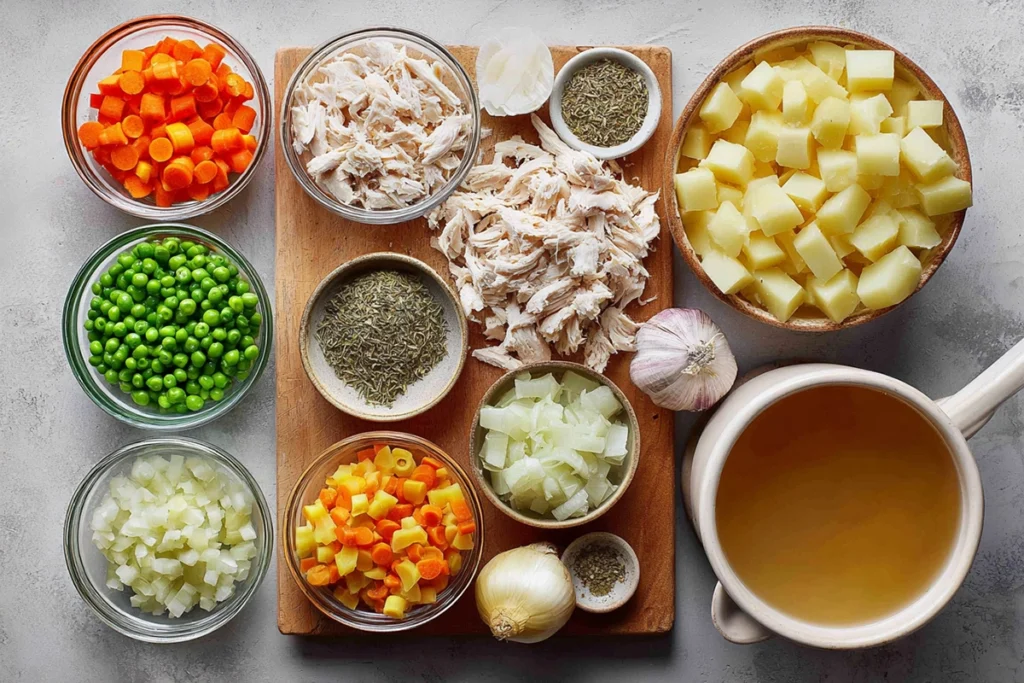 overhead layout of ingredients for Healthy Chicken Pot Pie Soup in glass bowls