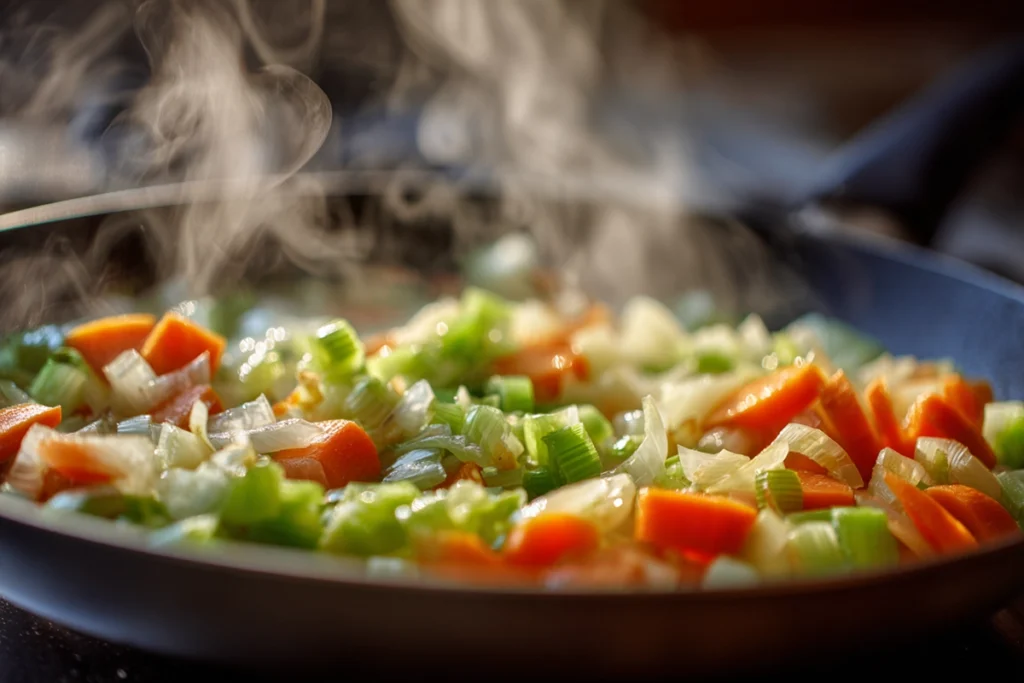 sautéed vegetables cooking for Healthy Chicken Pot Pie Soup