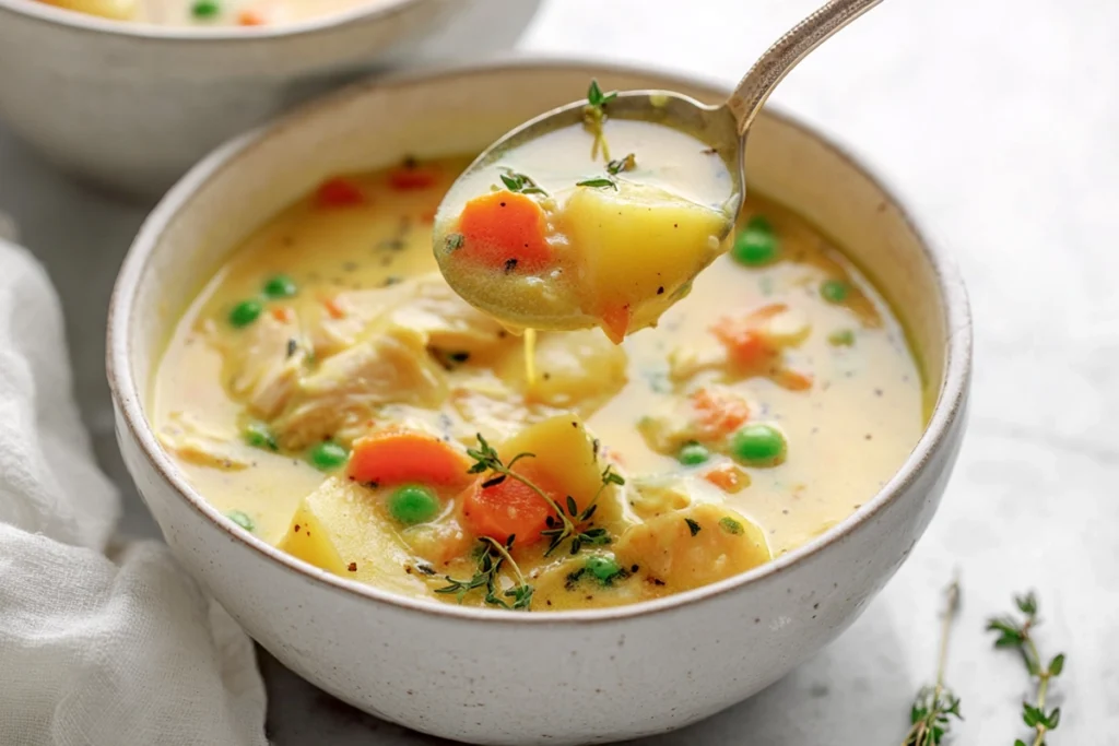 serving Healthy Chicken Pot Pie Soup into a bowl