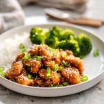 Healthy Sesame Chicken served on a modern plate with sesame sauce