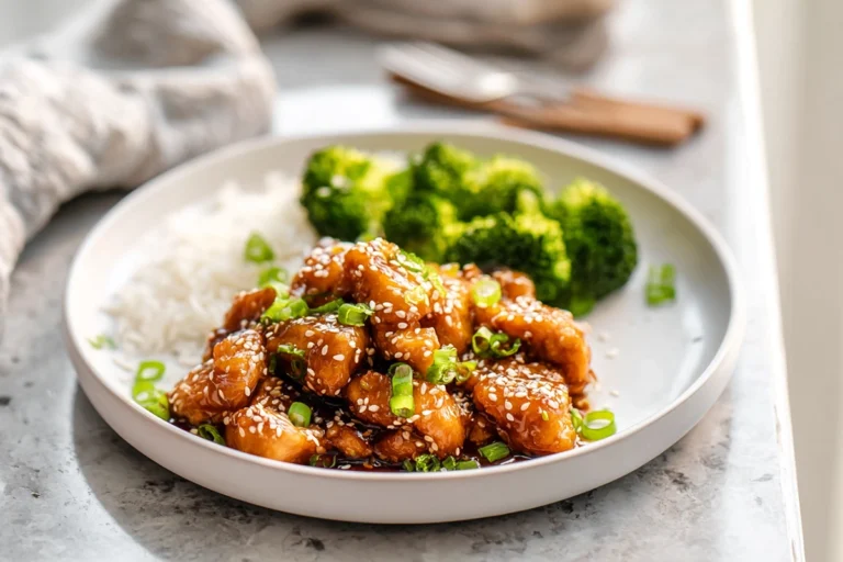 Healthy Sesame Chicken served on a modern plate with sesame sauce