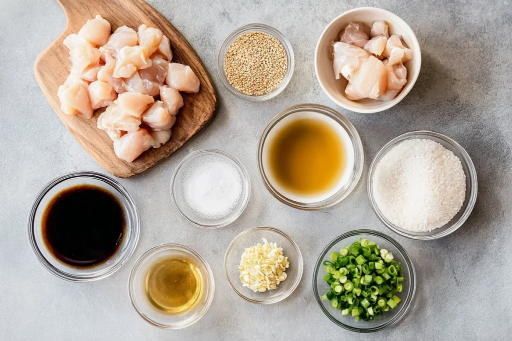 Healthy Sesame Chicken ingredients arranged on a modern kitchen counter