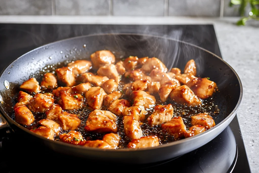 Healthy Sesame Chicken pan-seared in a skillet during cooking