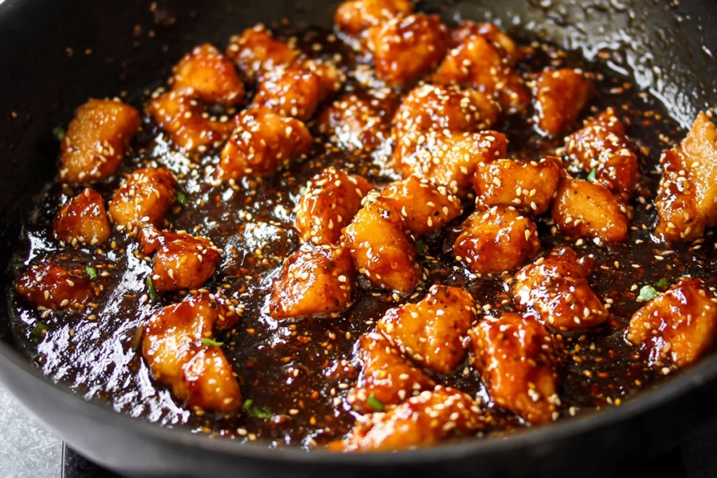 Healthy Sesame Chicken coated in glossy sesame sauce in a skillet