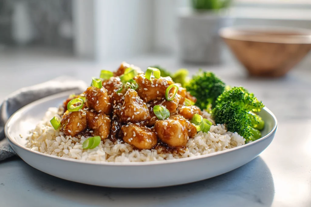 Healthy Sesame Chicken served with rice and vegetables