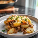 Hobo Casserole baked with potatoes, ground beef, and melted cheese on a modern plate