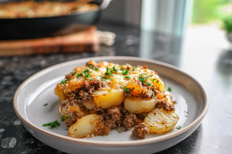 Hobo Casserole baked with potatoes, ground beef, and melted cheese on a modern plate