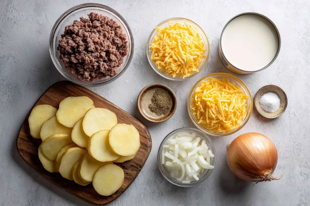 Ingredients for Hobo Casserole including potatoes, ground beef, cheese, and cream soup