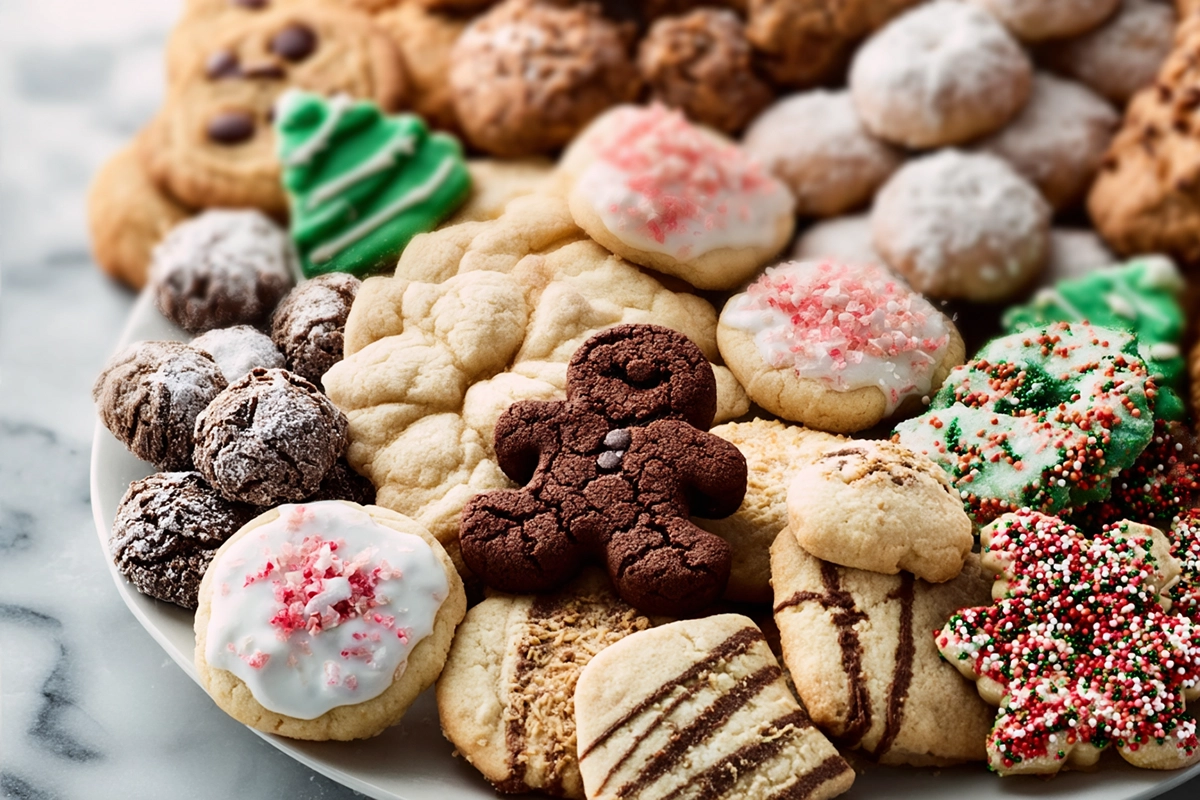 photorealistic holiday cookies arranged on a modern plate in a bright kitchen