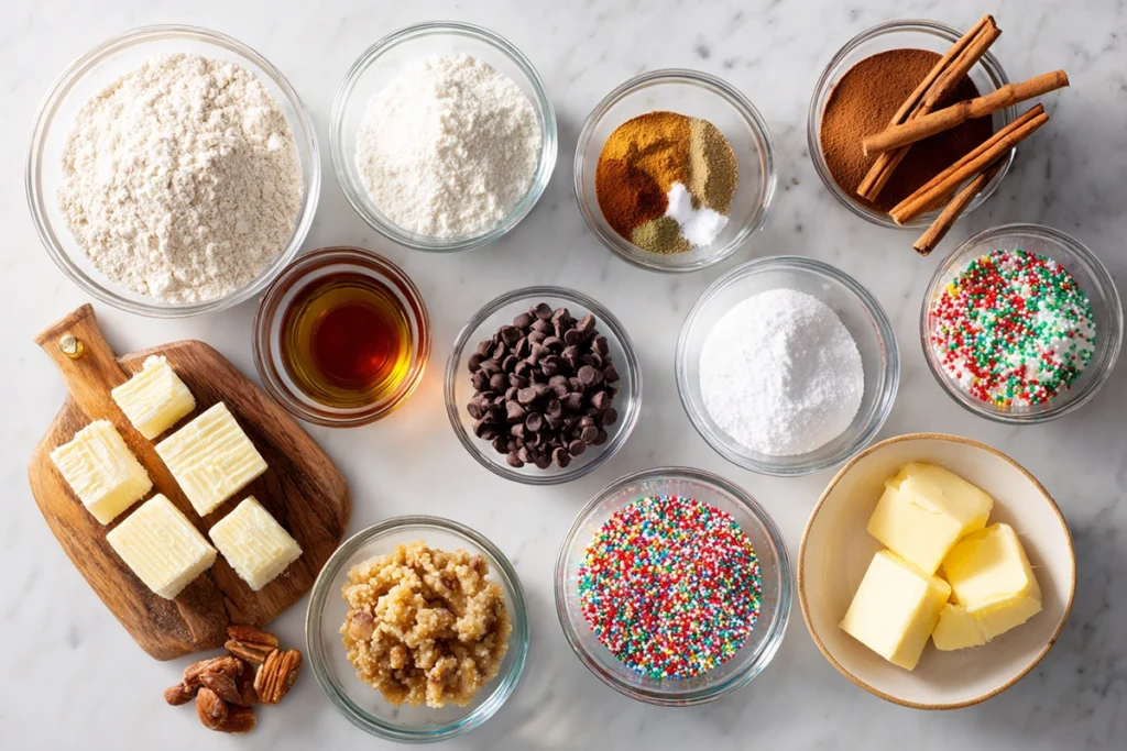 overhead layout of holiday cookie ingredients in glass bowls on a modern counter
