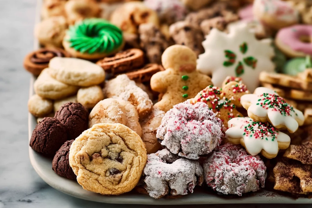 serving platter filled with assorted holiday cookies in a bright modern kitchen