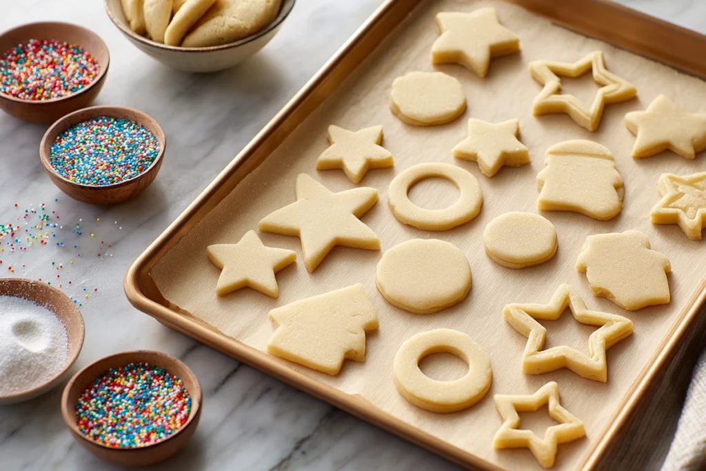 raw holiday cookie shapes arranged on parchment in a modern kitchen