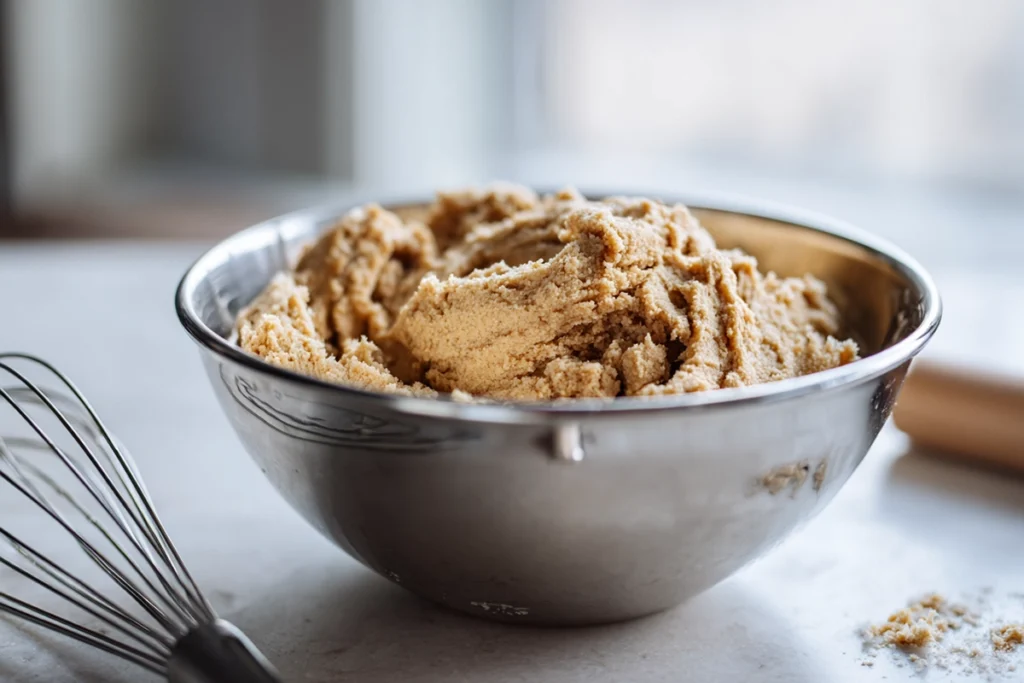 mixing holiday cookie dough in a stainless bowl with natural window light