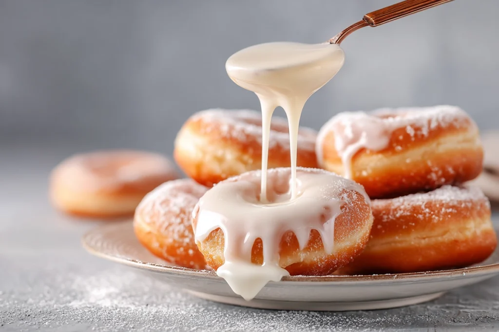 doughnut being dipped in glaze for homemade Krispy Kremes