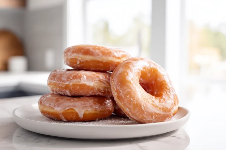 photorealistic stack of homemade Krispy Kremes on modern kitchen counter