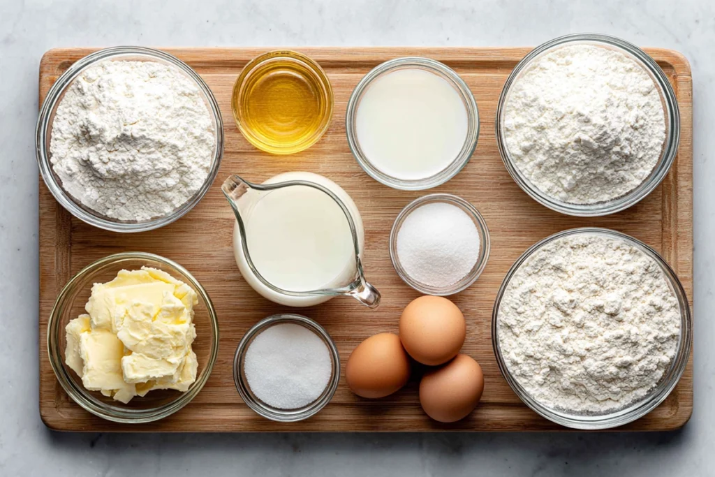 overhead ingredients for homemade Krispy Kremes arranged in glass bowls