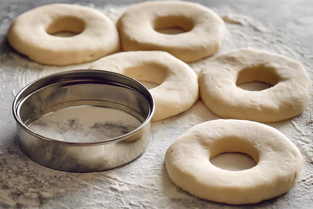shaping homemade Krispy Kremes dough with ring cutter on countertop