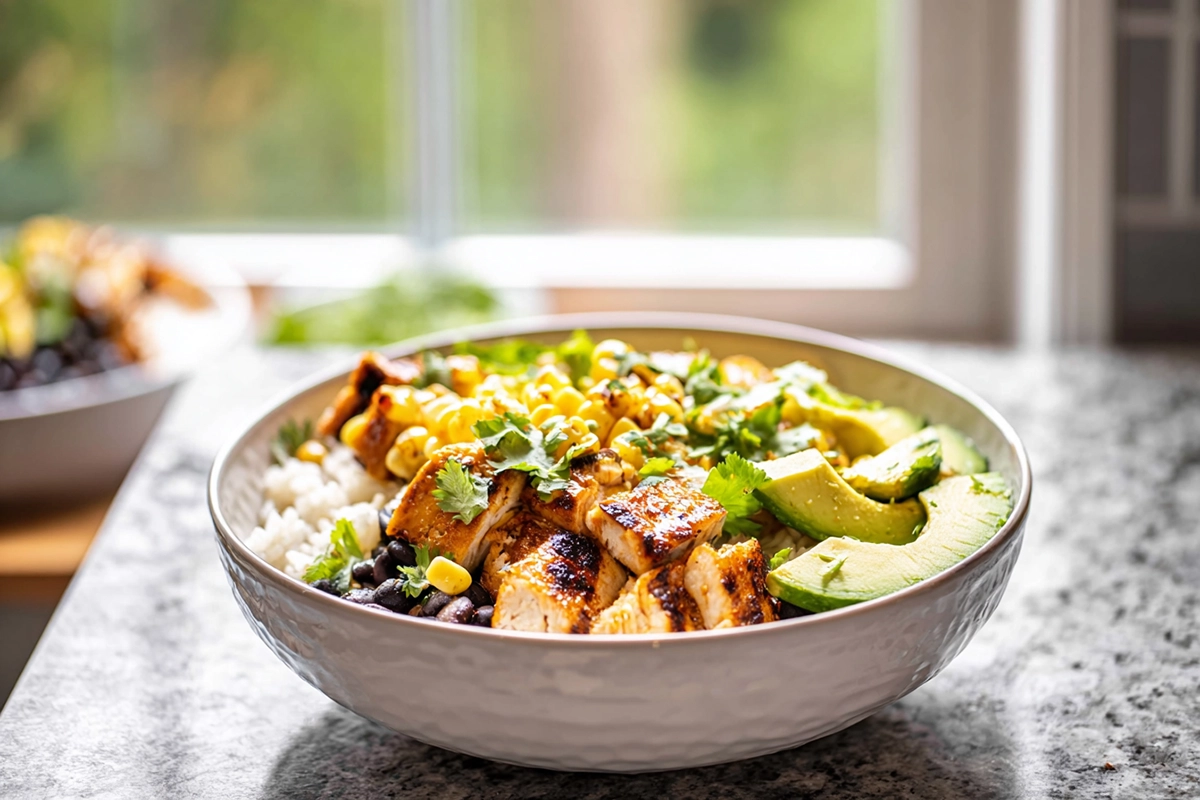 photorealistic honey chipotle chicken rice bowls hero shot in modern kitchen
