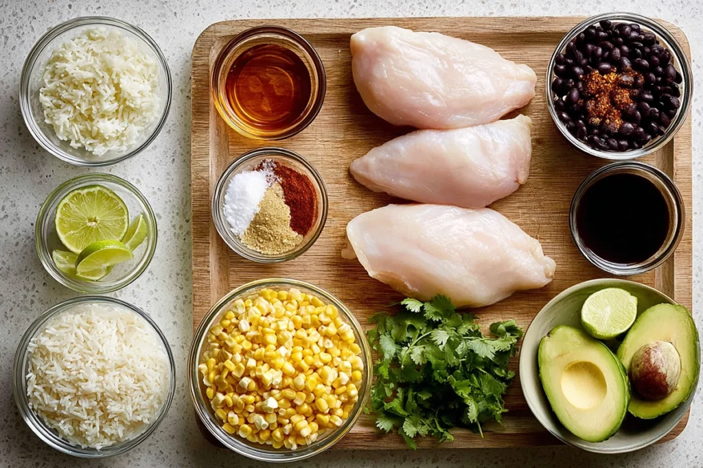 overhead ingredients layout for honey chipotle chicken rice bowls in modern kitchen