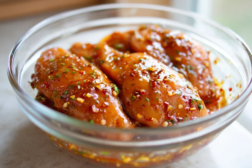 Chicken marinating for Honey Chipotle Chicken Rice Bowls in a smoky honey sauce