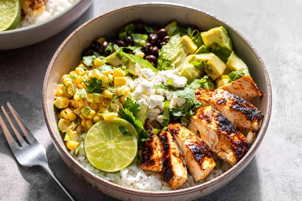 serving presentation of honey chipotle chicken rice bowls on modern kitchen counter