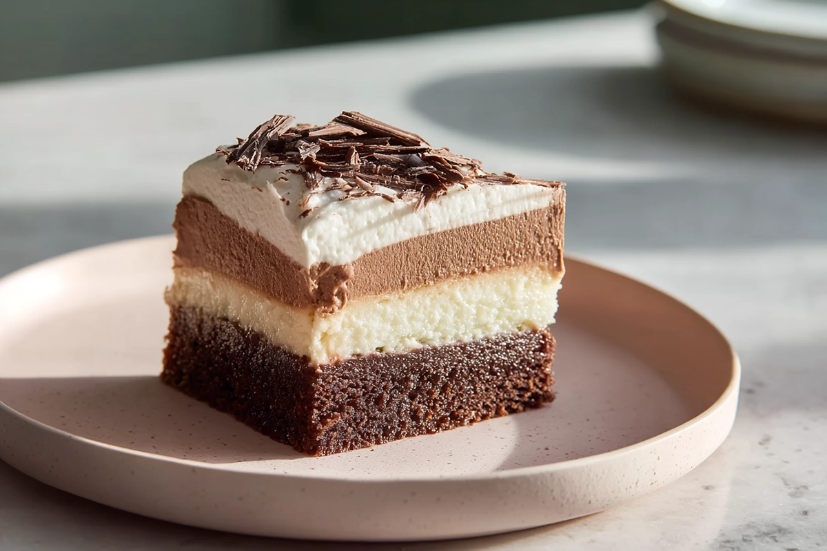 Slice of Italian Love Cake ready to serve on a modern plate