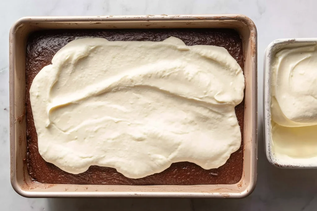 Ricotta layer added on top of chocolate batter for Italian Love Cake