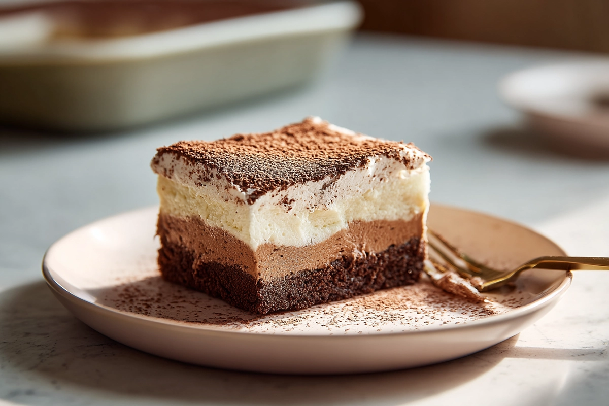 Italian Love Cake with chocolate cake, ricotta layer, and pudding topping